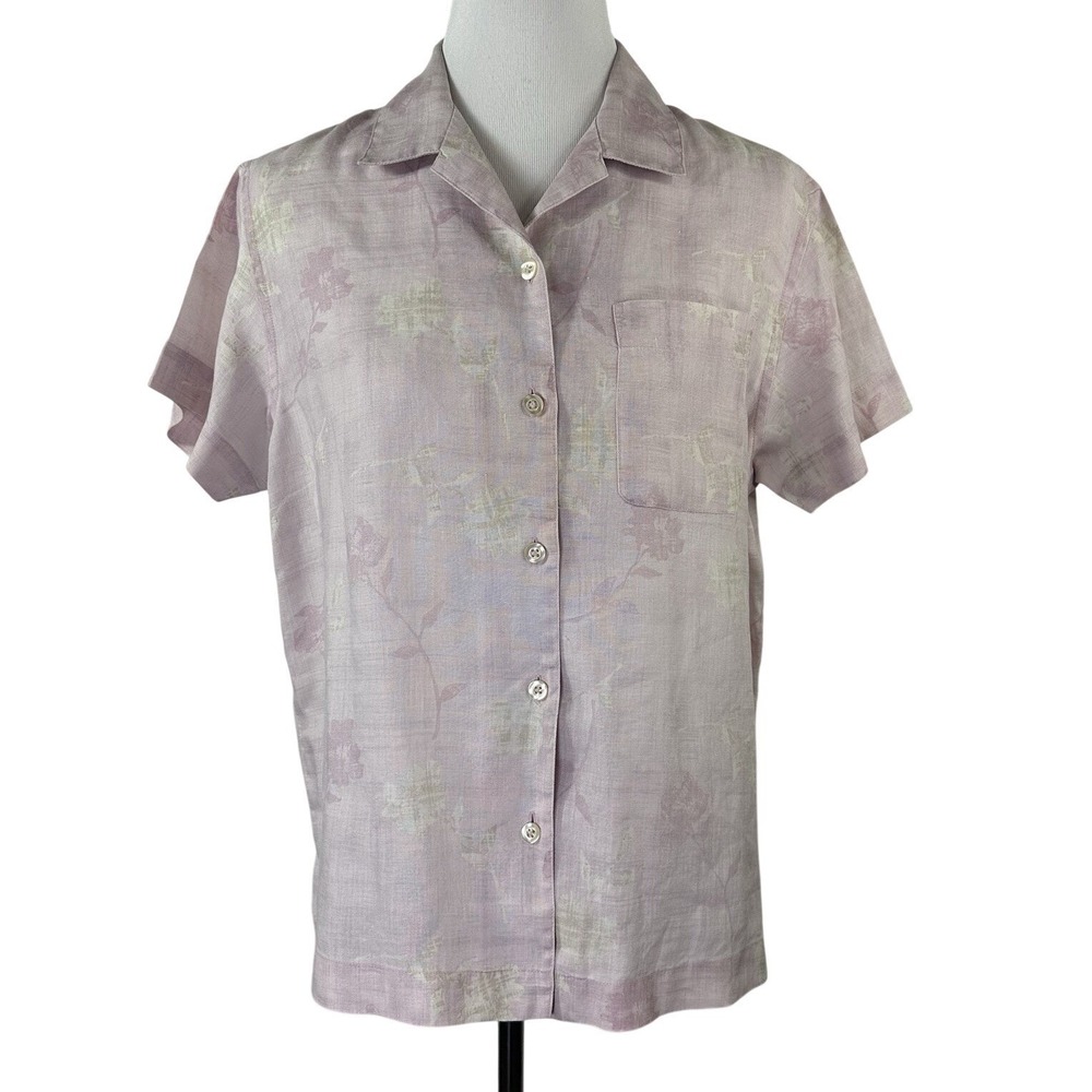 Liz Claiborne Liz Sport Button Up Short Sleeve 100% Linen Top‎ Purple Women's M
